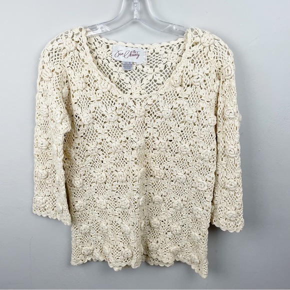 Jon Christy All Handcrafted Crocheted 100% Cotton Longsleeve Sweater Top - Picture 1 of 8